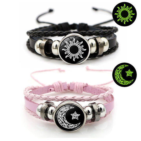 2Pcs Luminous Sun & Moon Friendship Bracelets – Glow in Dark Adjustable Wristbands for Couples & Best Friends